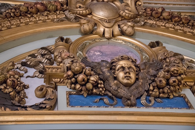 Ornate woodwork on the walls of the dining room