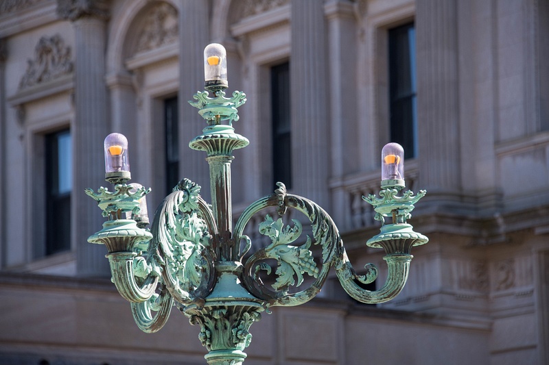 Elaborate lampposts with Philips LED bulbs.