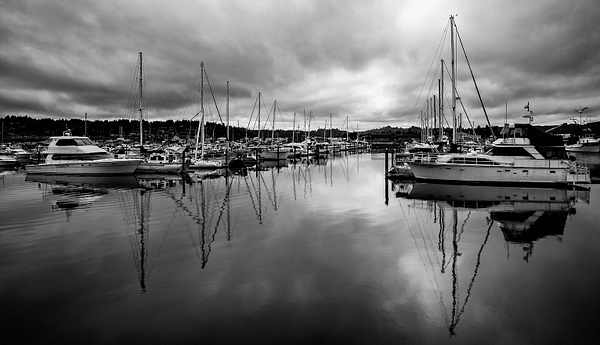 Cloudy Marina Reflections Black and White